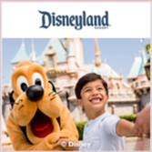 A scene depicting a boy capturing a photo of a person dressed as Pluto, the Disney character, with Disneyland visible in the background